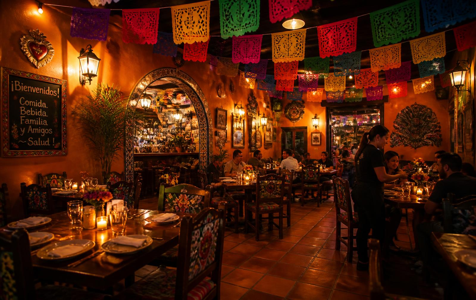 Interior del restaurante Fiesta Azteca con papel picado y mesas de madera